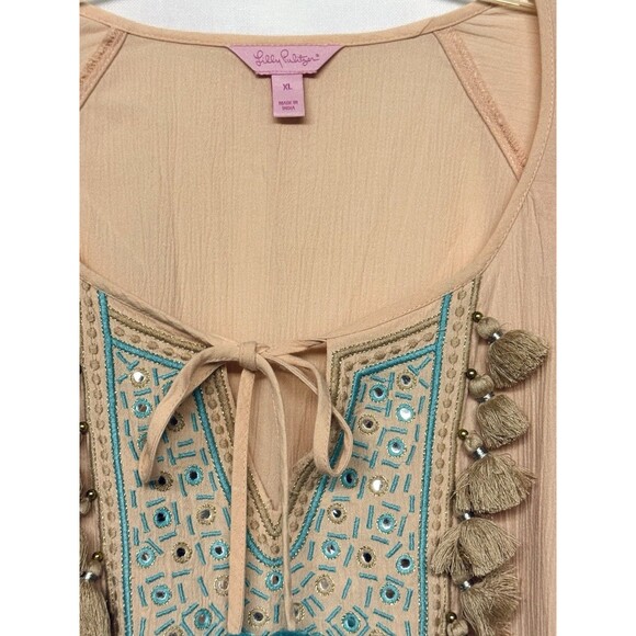 Lilly Pulitzer Gauzy Peach Shandy Resort Tassel Top Size XL Boho Beach Travel - Picture 3 of 6